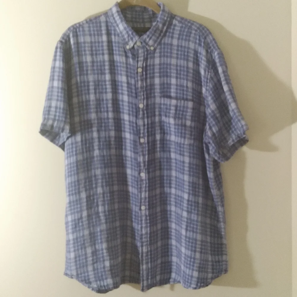 Banana Republic Linen Short Sleeve‎ Camp Shirt Camden Blue Plaid Mens Large